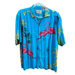 Thums Up Mens Hawaiian Button Up Shirt Flamingo Palm Tree Size L Tropical Beach